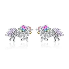 18k White Gold Multi-Colored Unicorn Stud Earrings