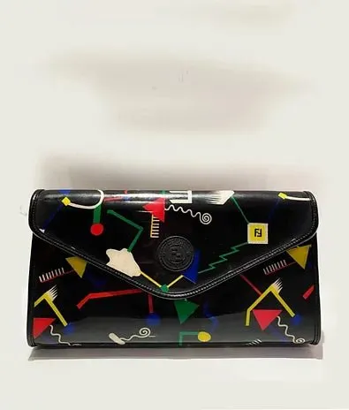 1980s Fendi Stiassi Abstract Geometric Print Vinyl Canvas Envelope Bag