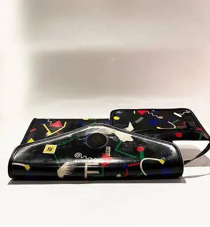 1980s Fendi Stiassi Abstract Geometric Print Vinyl Canvas Envelope Bag
