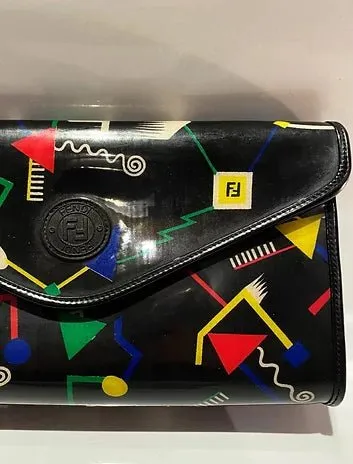 1980s Fendi Stiassi Abstract Geometric Print Vinyl Canvas Envelope Bag