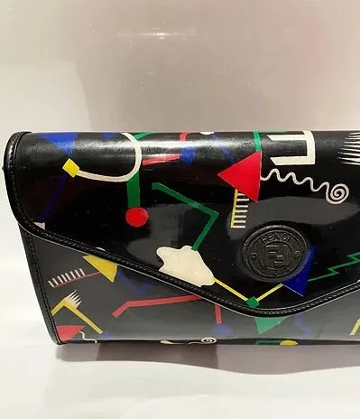 1980s Fendi Stiassi Abstract Geometric Print Vinyl Canvas Envelope Bag