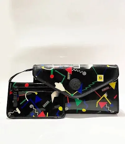 1980s Fendi Stiassi Abstract Geometric Print Vinyl Canvas Envelope Bag