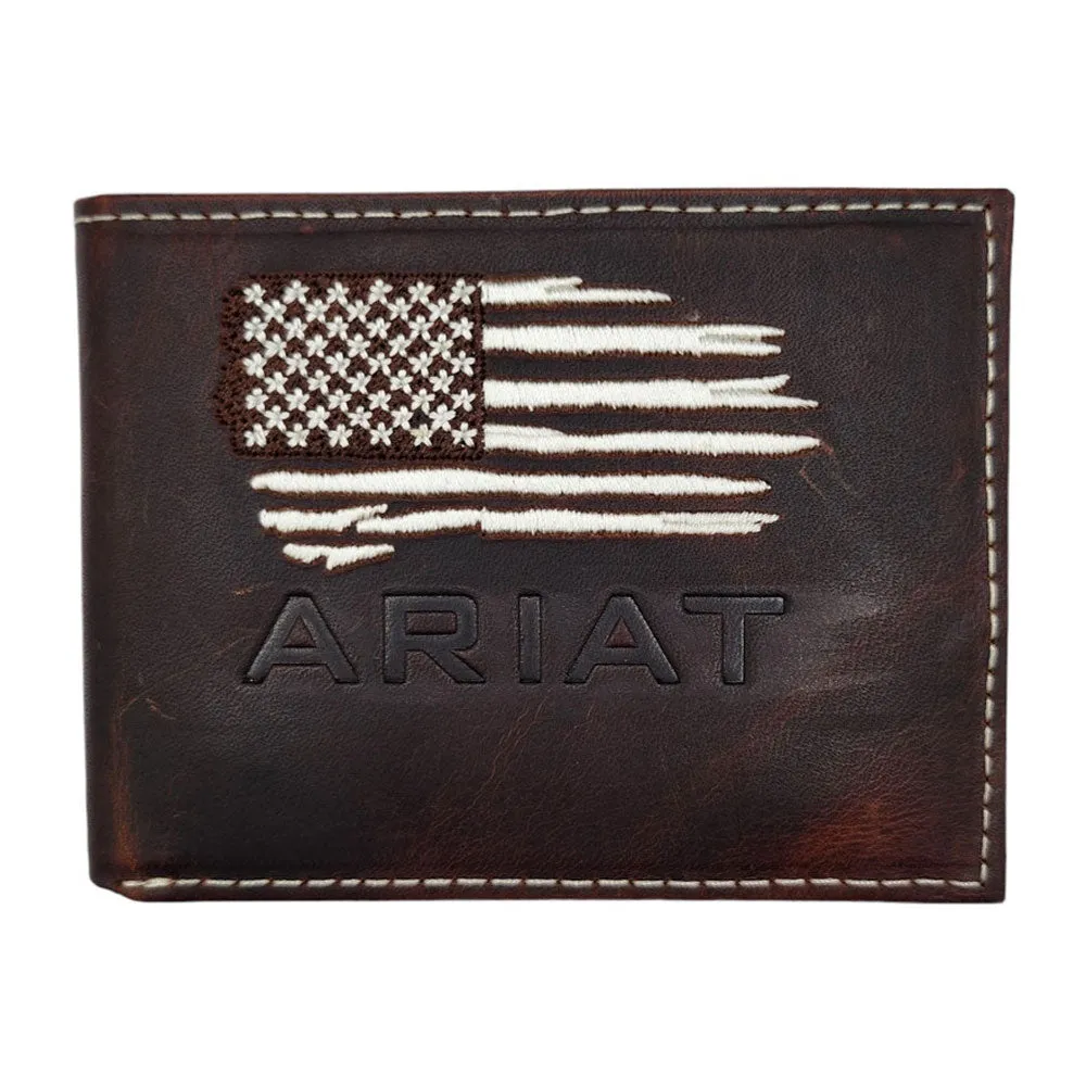 A3553834 Ariat Bifold Distressed White Stitched USA Flag Shield Logo Wallet