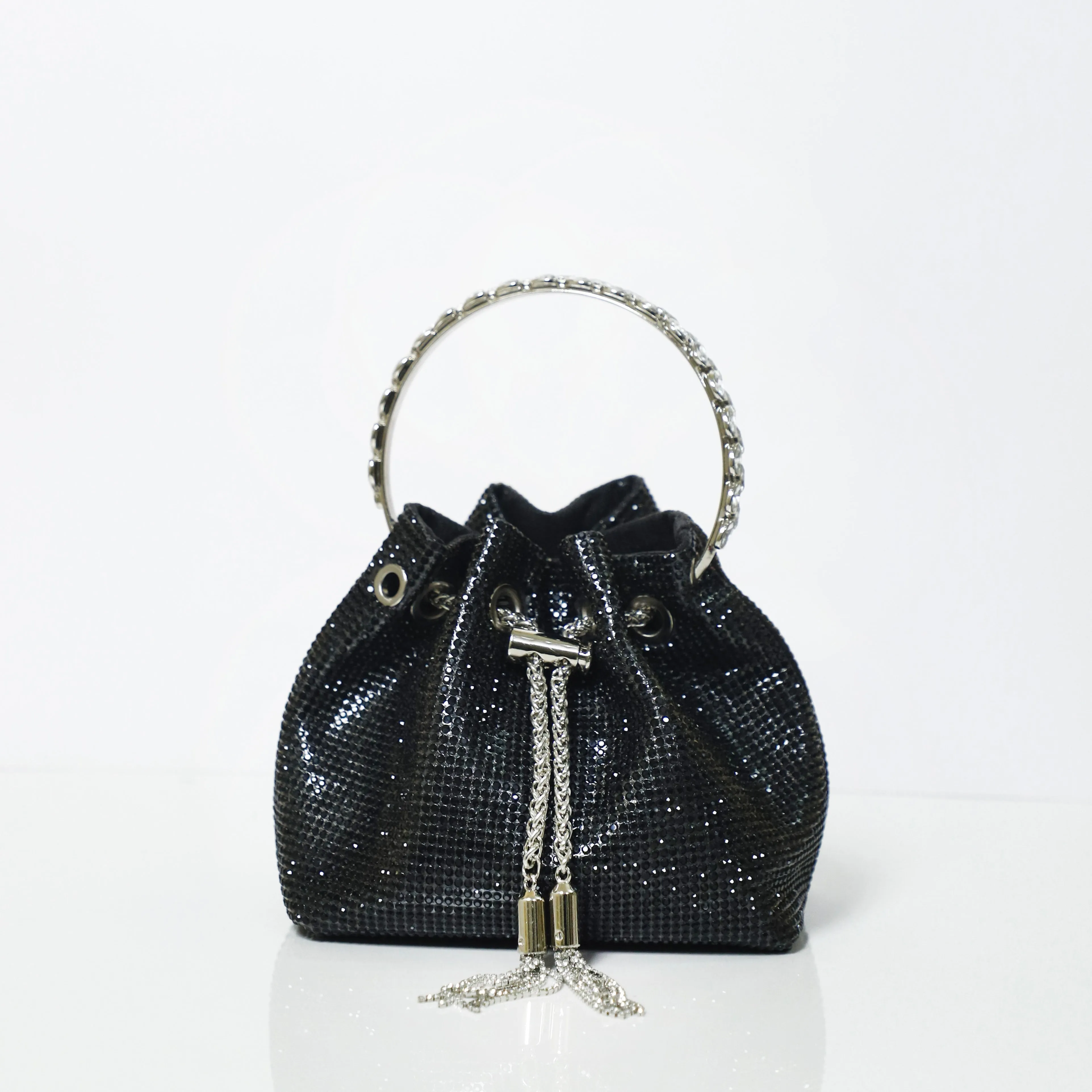 Black Embellished Bucket Bag with Detachable Sling