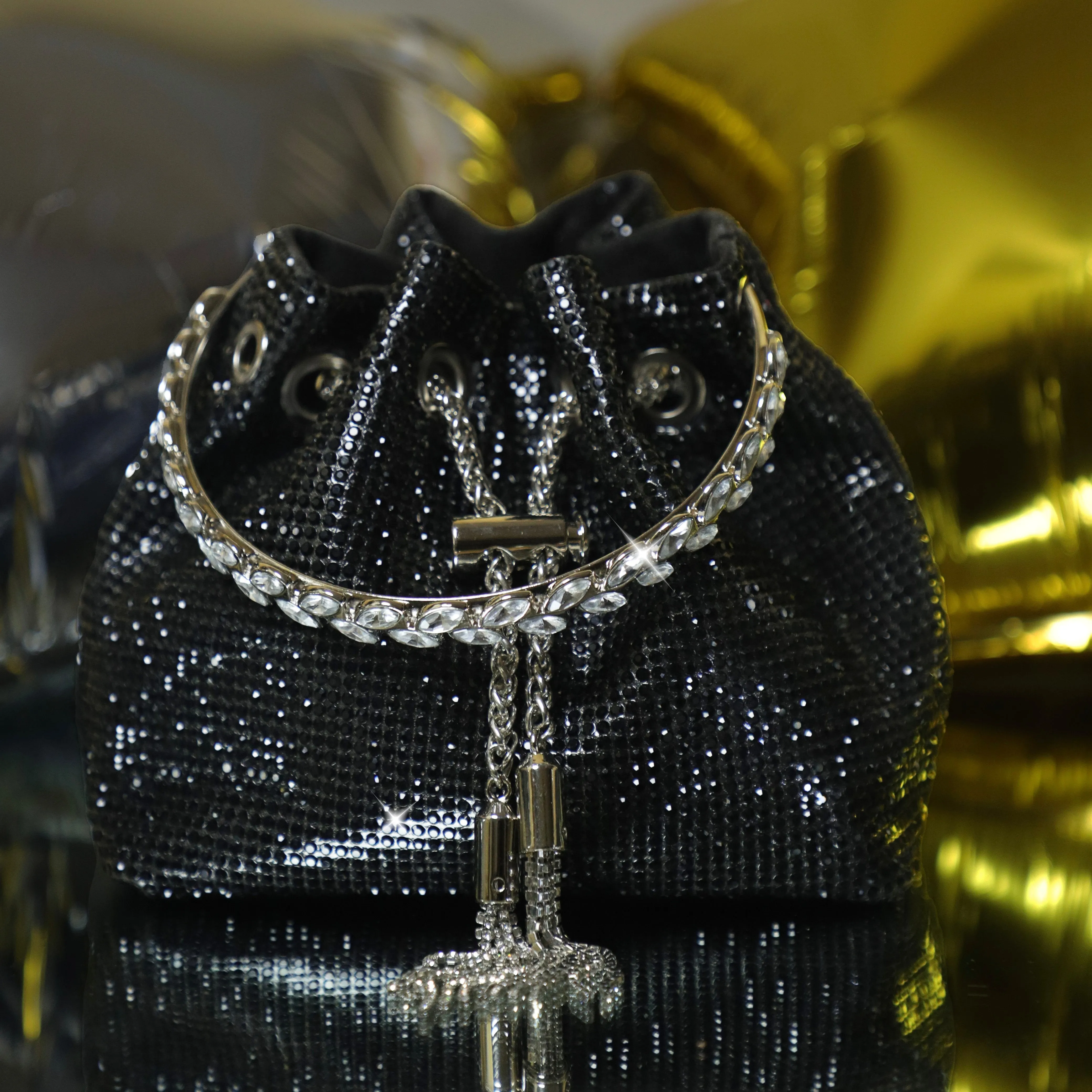Black Embellished Bucket Bag with Detachable Sling