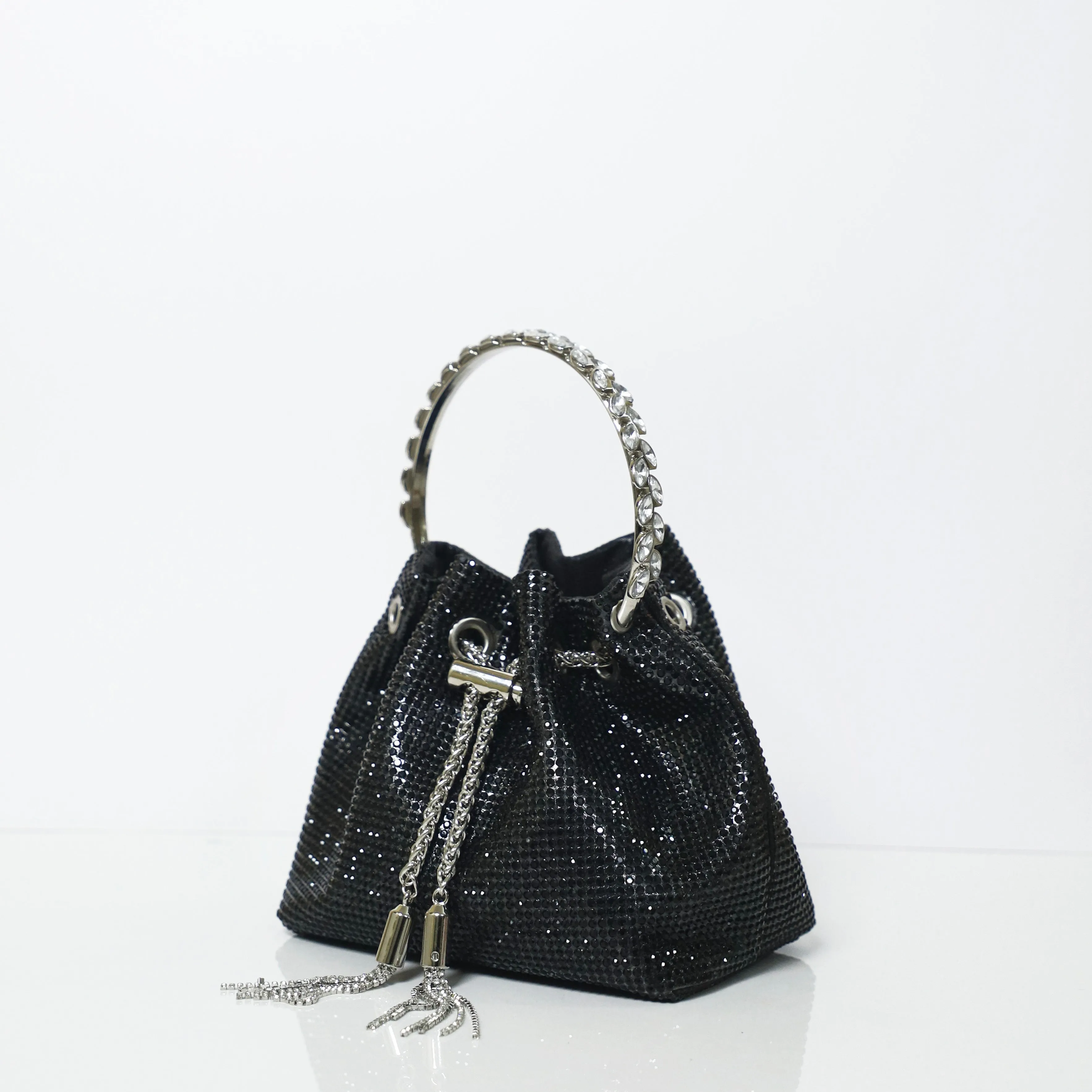 Black Embellished Bucket Bag with Detachable Sling
