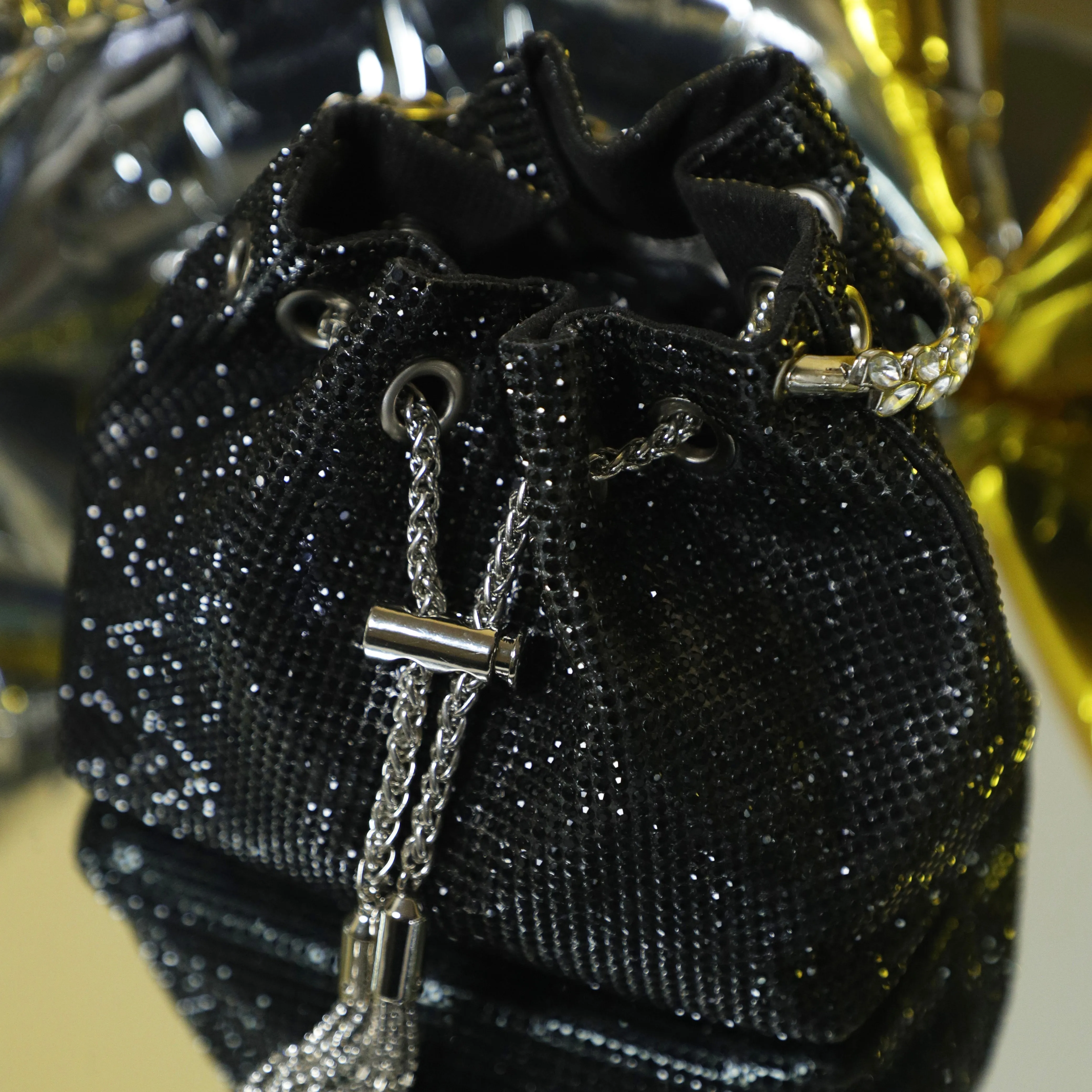 Black Embellished Bucket Bag with Detachable Sling