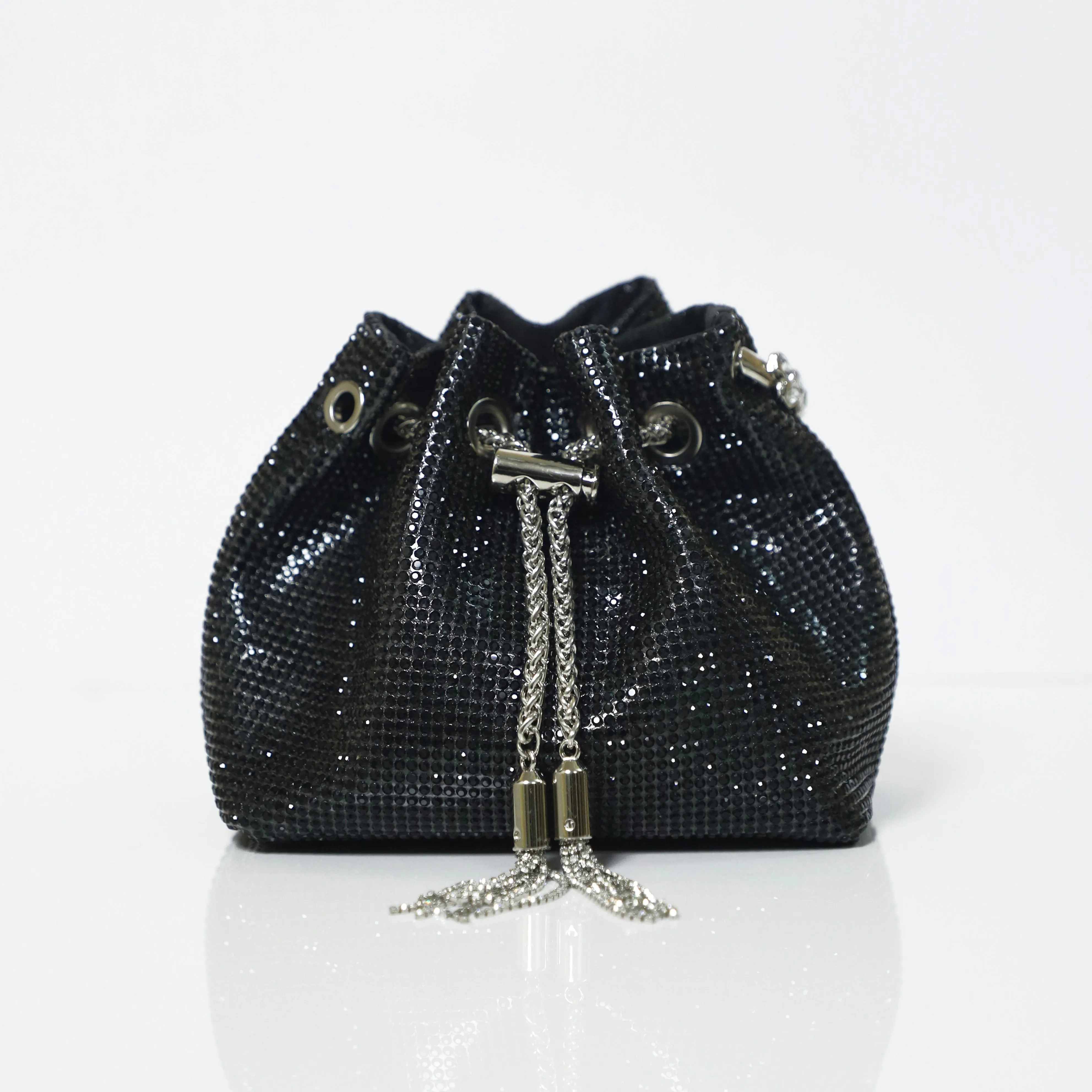 Black Embellished Bucket Bag with Detachable Sling
