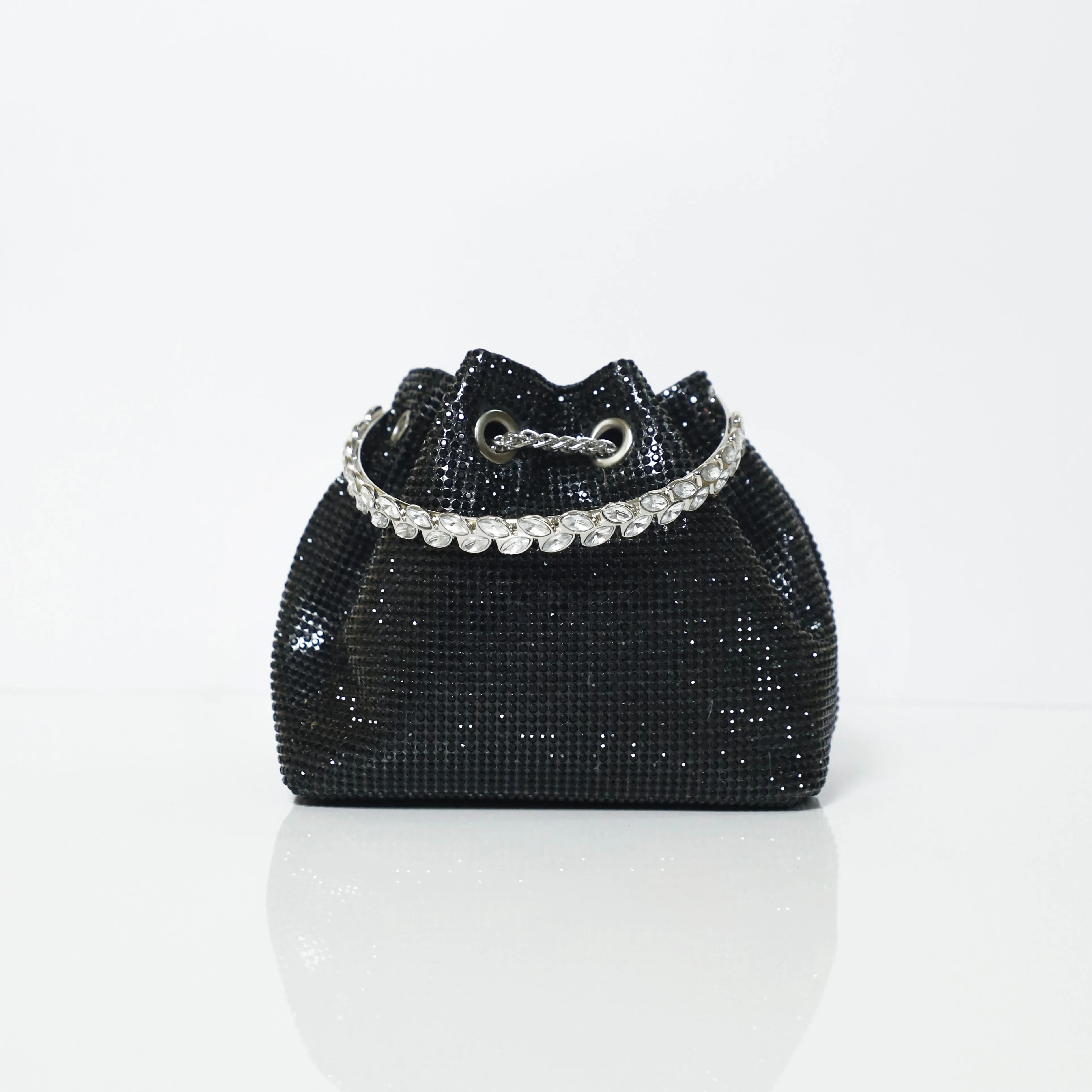 Black Embellished Bucket Bag with Detachable Sling