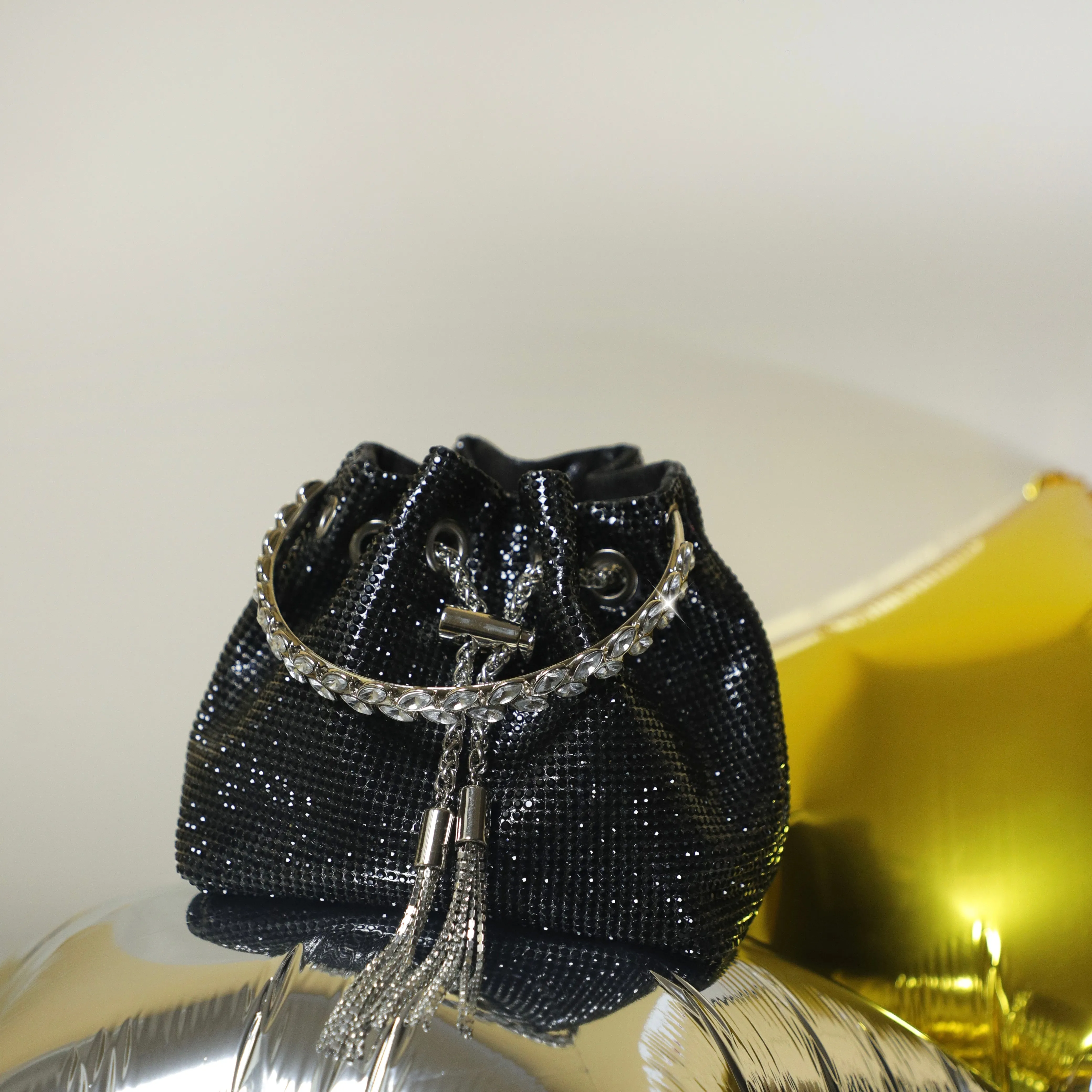 Black Embellished Bucket Bag with Detachable Sling