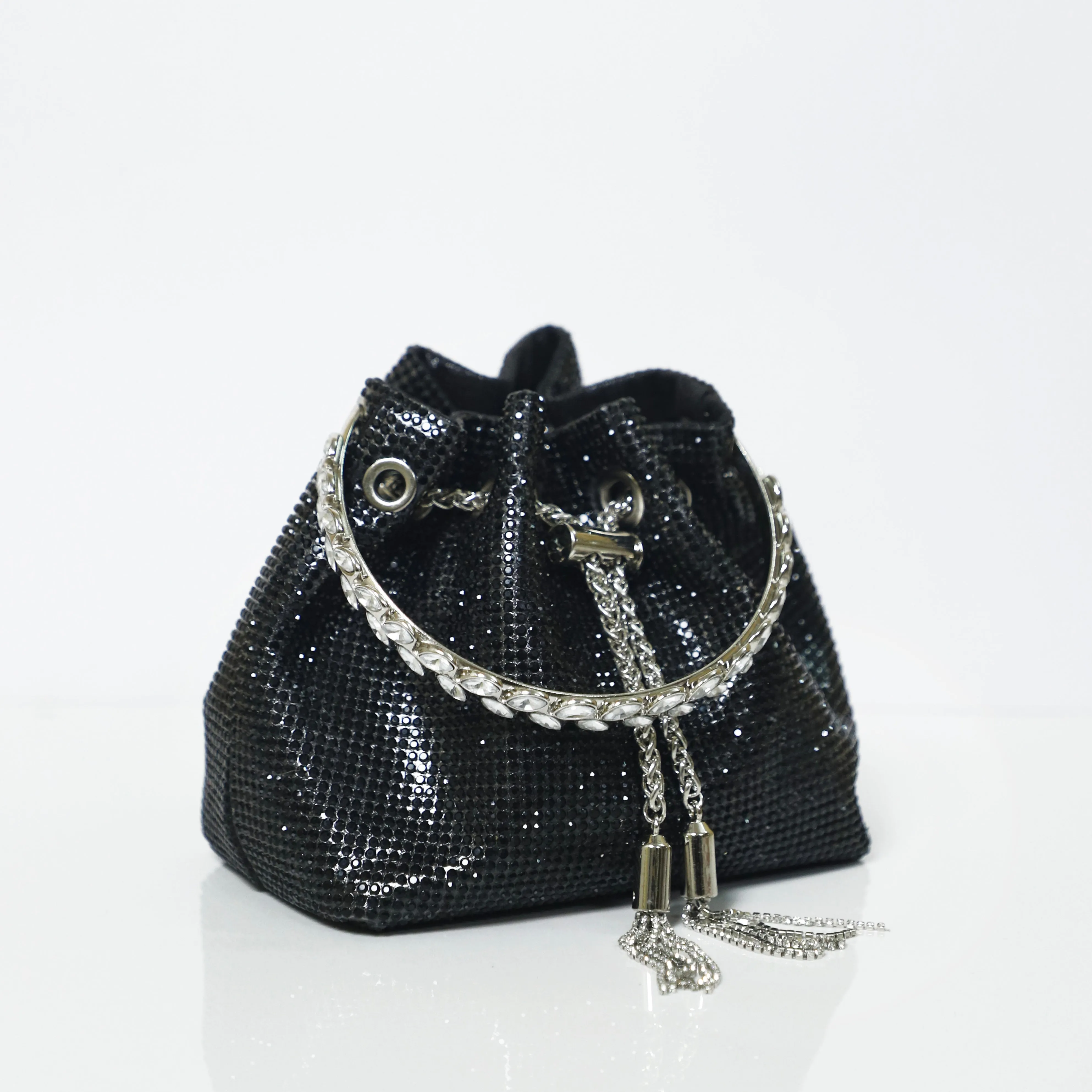 Black Embellished Bucket Bag with Detachable Sling
