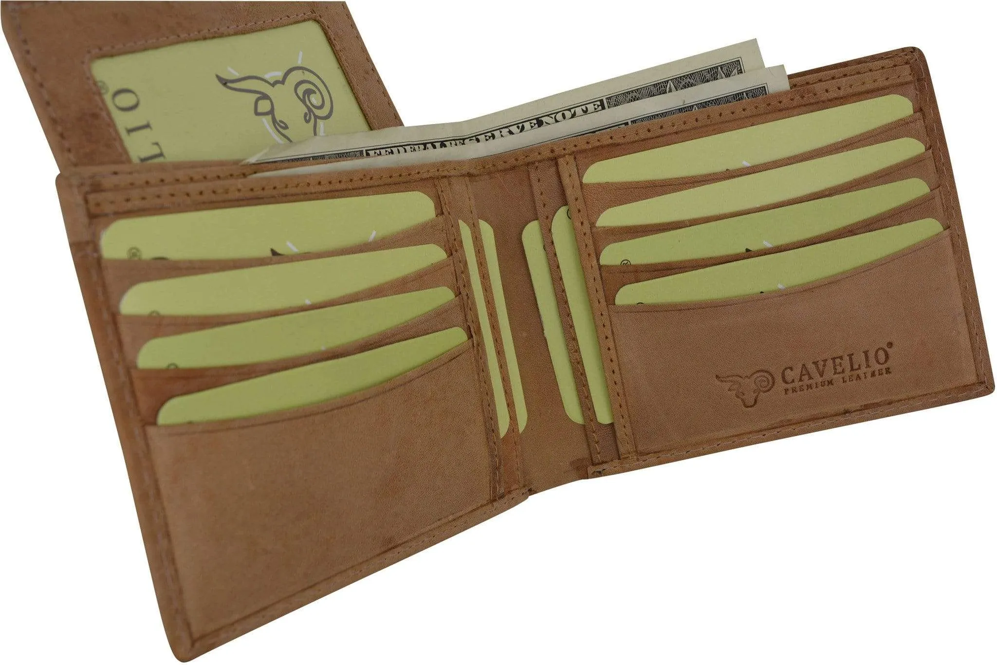Cavelio Premium Leather Hunter Vintage Style Bifold Credit Card Holder Wallet with Removable ID Card Holder HU534 (C)