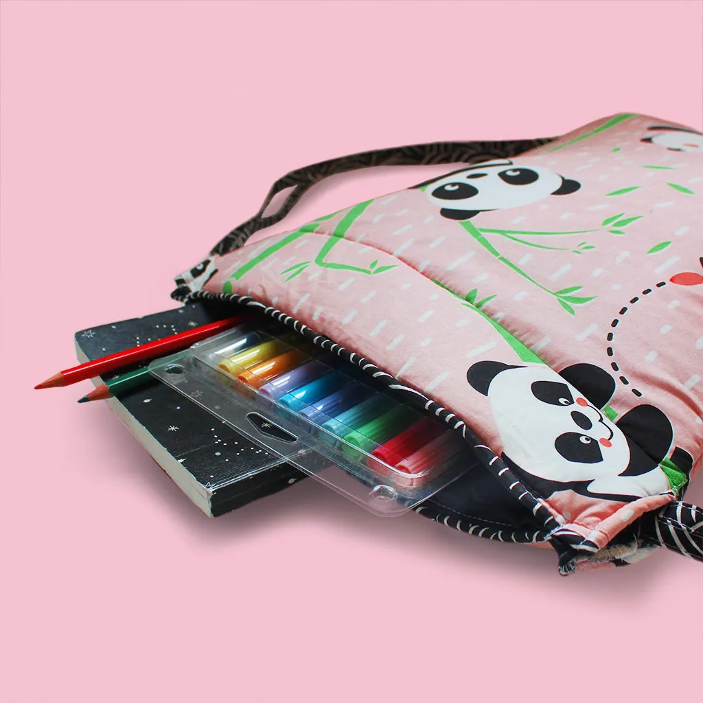 Cotton Drawstring Bag - Panda Village, Pink