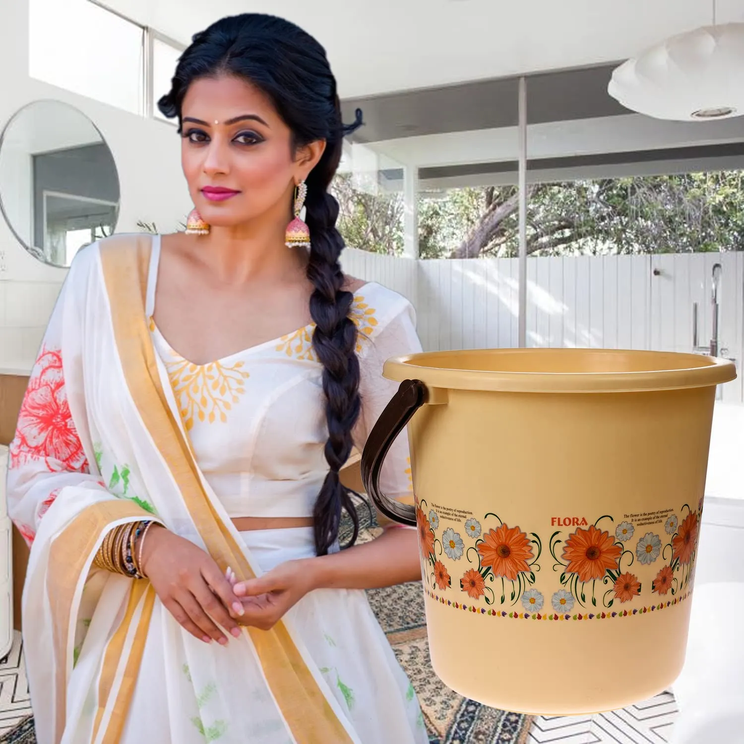 Heart Home Bucket|Plastic Bucket for Bathroom|Bucket for Bathing|Unbreakable Printed Bucket with Handle|18 Liter|Pack of 2 (Cream)