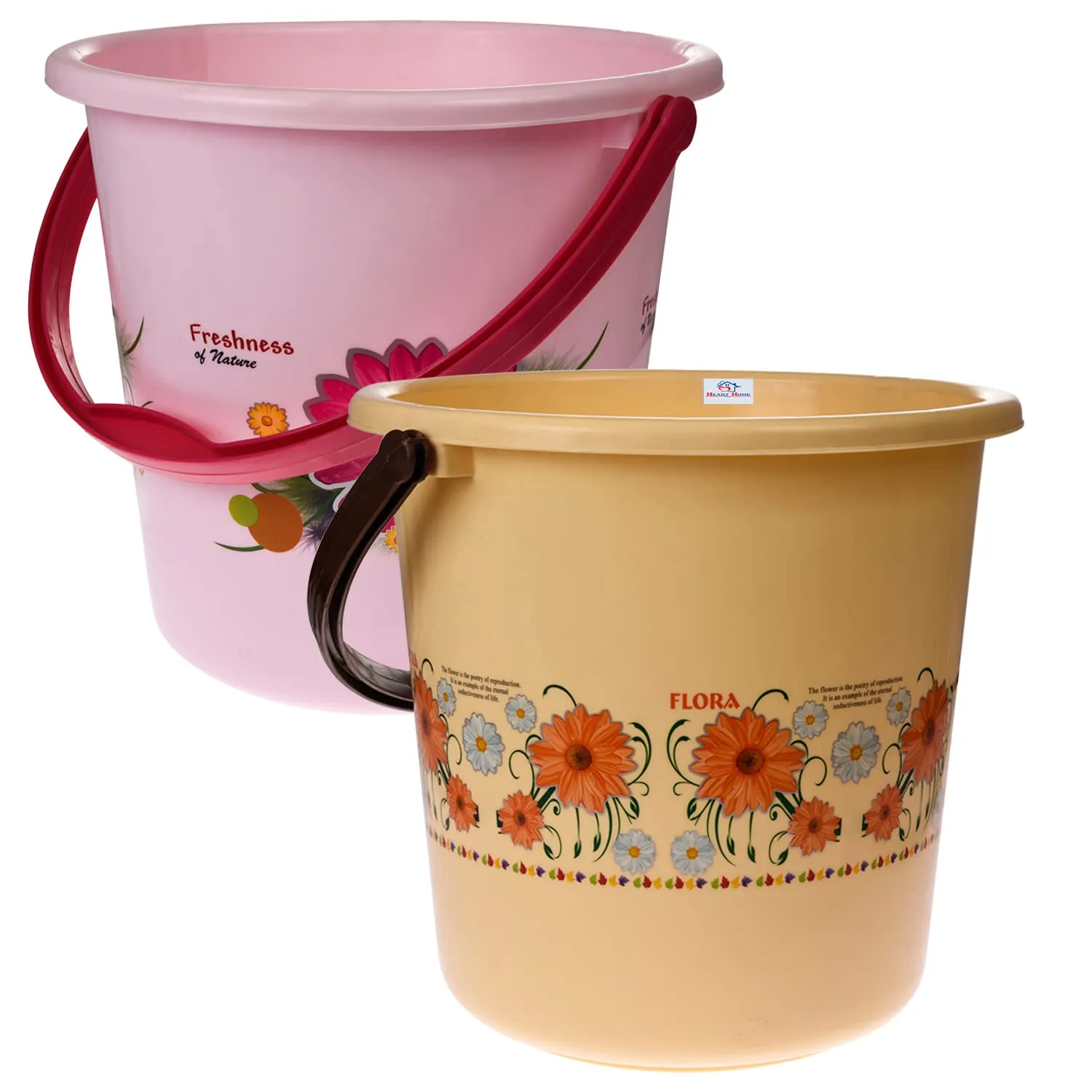 Heart Home Bucket|Plastic Bucket for Bathroom|Bucket for Bathing|Unbreakable Printed Bucket with Handle|18 Liter|Pack of 2 (Pink & Cream)