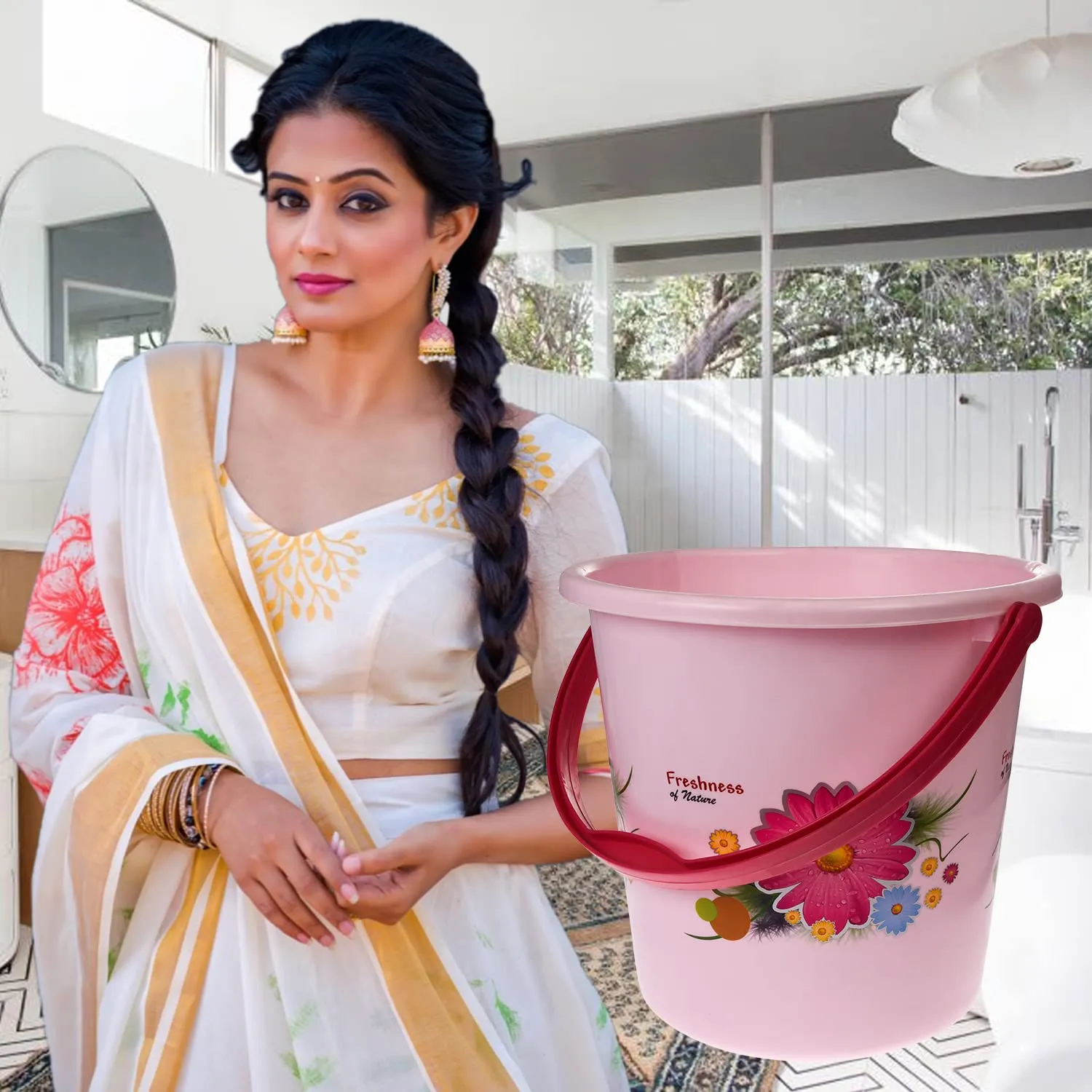 Heart Home Bucket|Plastic Bucket for Bathroom|Bucket for Bathing|Unbreakable Printed Bucket with Handle|18 Liter|Pack of 3 (Pink)