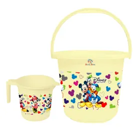 Heart Home Disney Team Mickey Print 2 Pieces Unbreakable Virgin Plastic Bathroom Bucket With Mug Set- Cream, (1 Pc 16 LTR Bucket & 1 Pc 500 ML Mug) -HS_35_HEARTHS17486