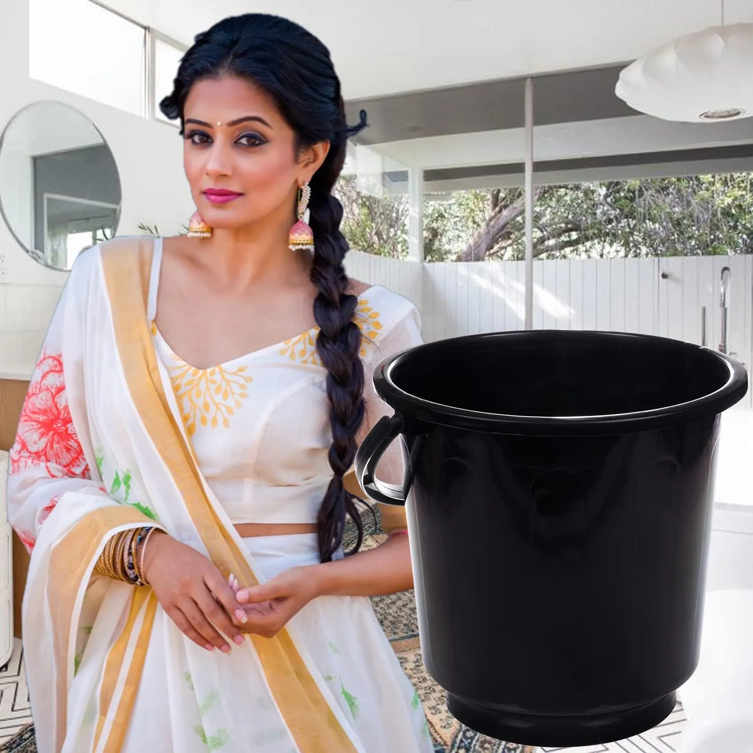 Kuber Industries Bucket|Plastic Bucket for Bathroom|Bucket for Bathing|Unbreakable Bucket with Handle|16 Liter|Pack of 2 (Black & Pink)