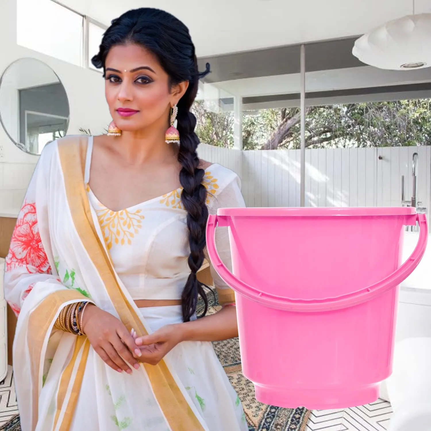 Kuber Industries Bucket|Plastic Bucket for Bathroom|Bucket for Bathing|Unbreakable Bucket with Handle|16 Liter|Pack of 2 (Pink)