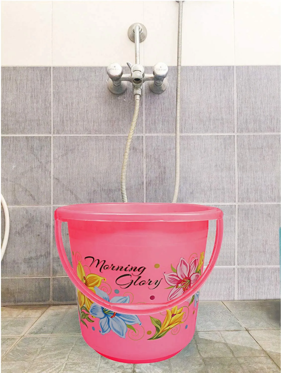 Kuber Industries Floral Print 2 Pieces Unbreakable Strong Plastic Bathroom Bucket 16 LTR (Blue & Pink) -CTKTC34875
