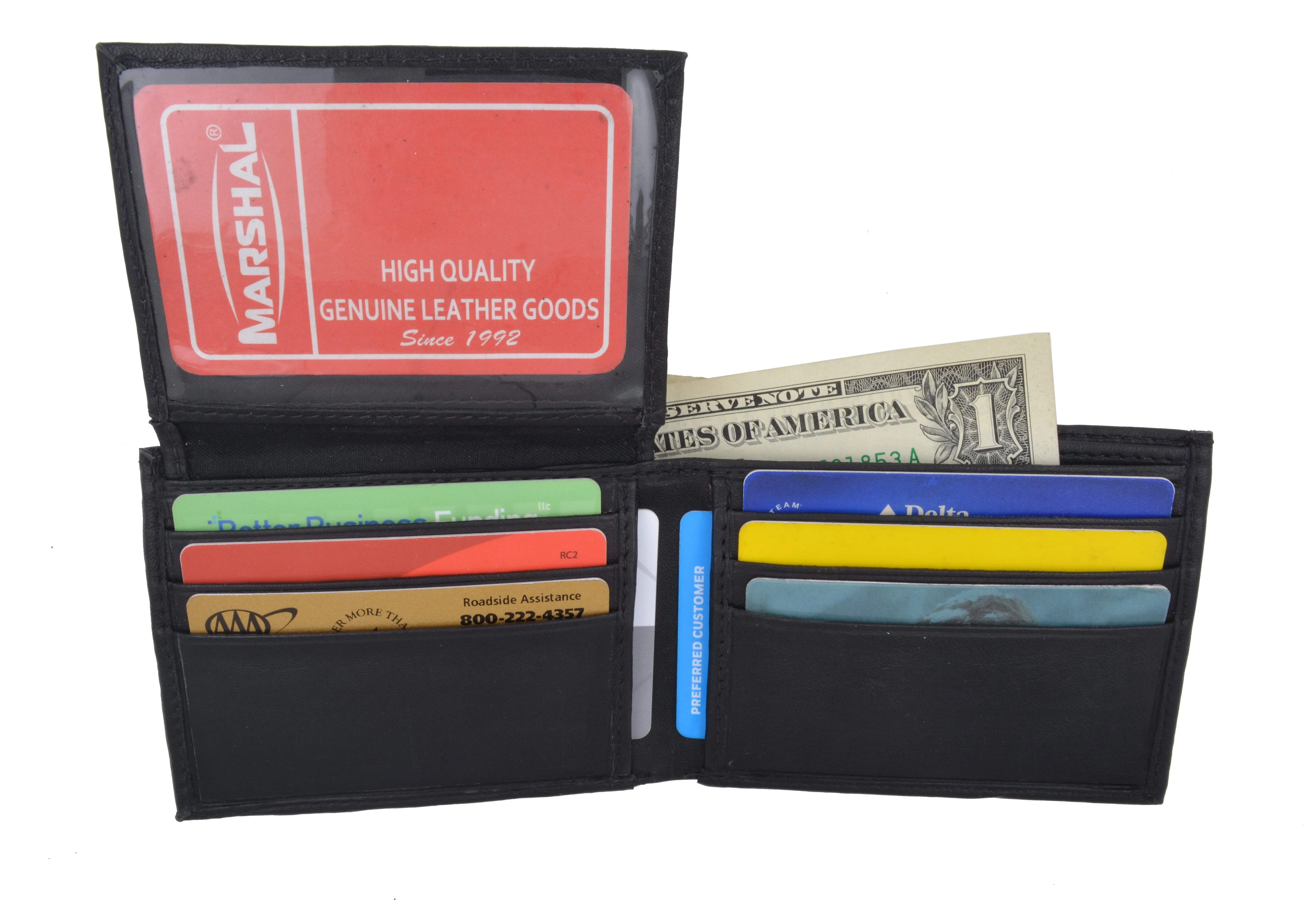 Mens Lamb Leather Bifold Wallet W/Flap UP and American Flag Logo F1153