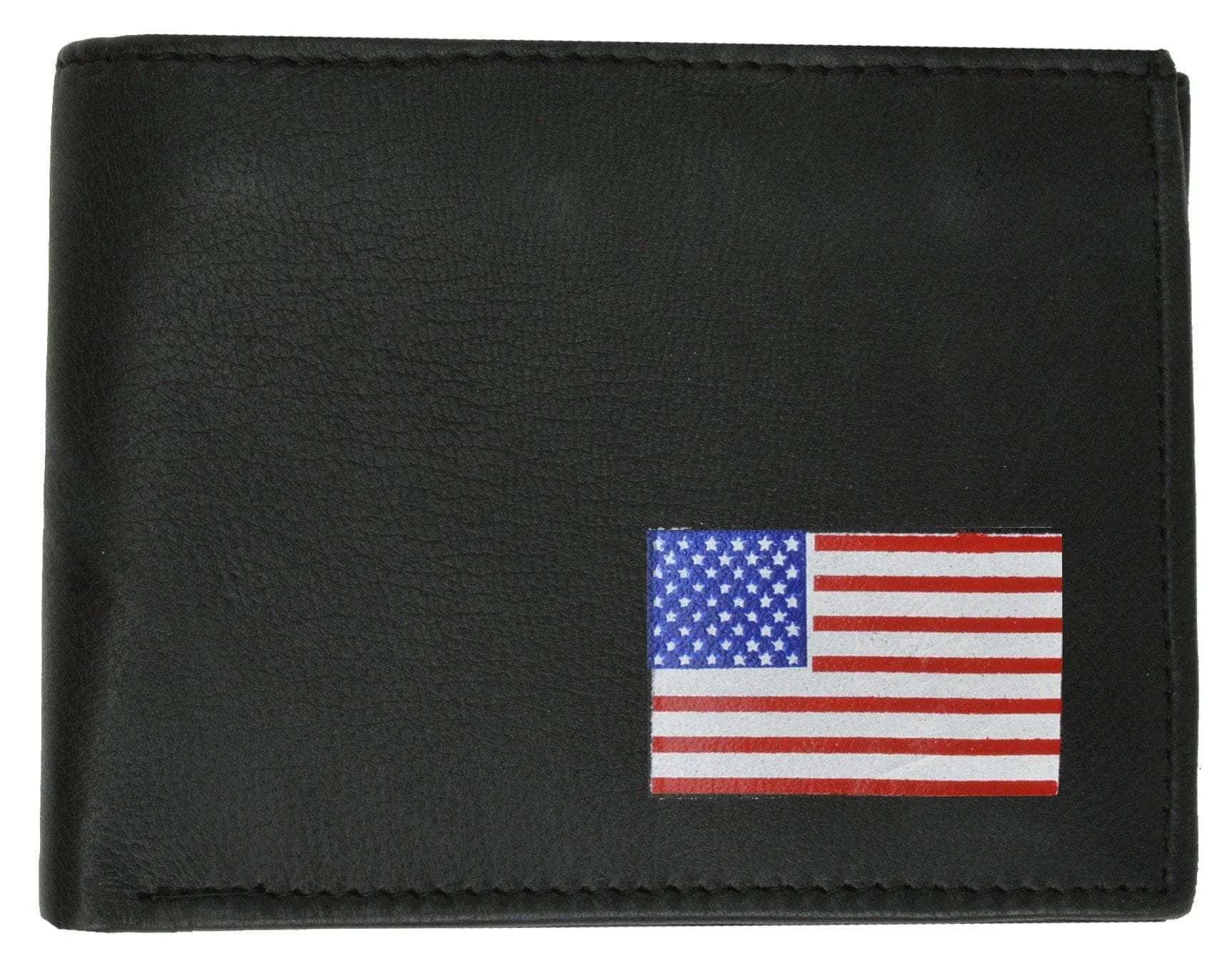 Mens Lamb Leather Bifold Wallet W/Flap UP and American Flag Logo F1153