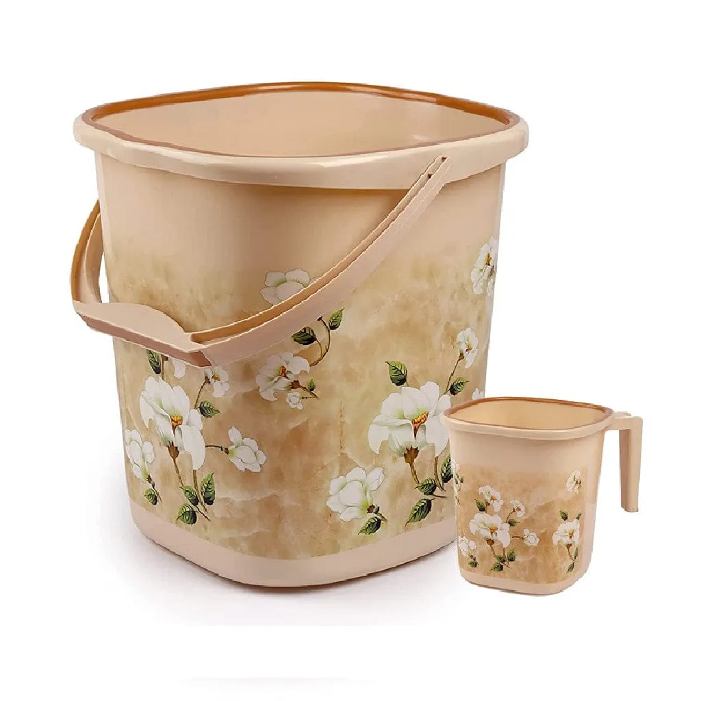 NAYASA Square Marble Plastic Bucket And Mug Set For Bathroom