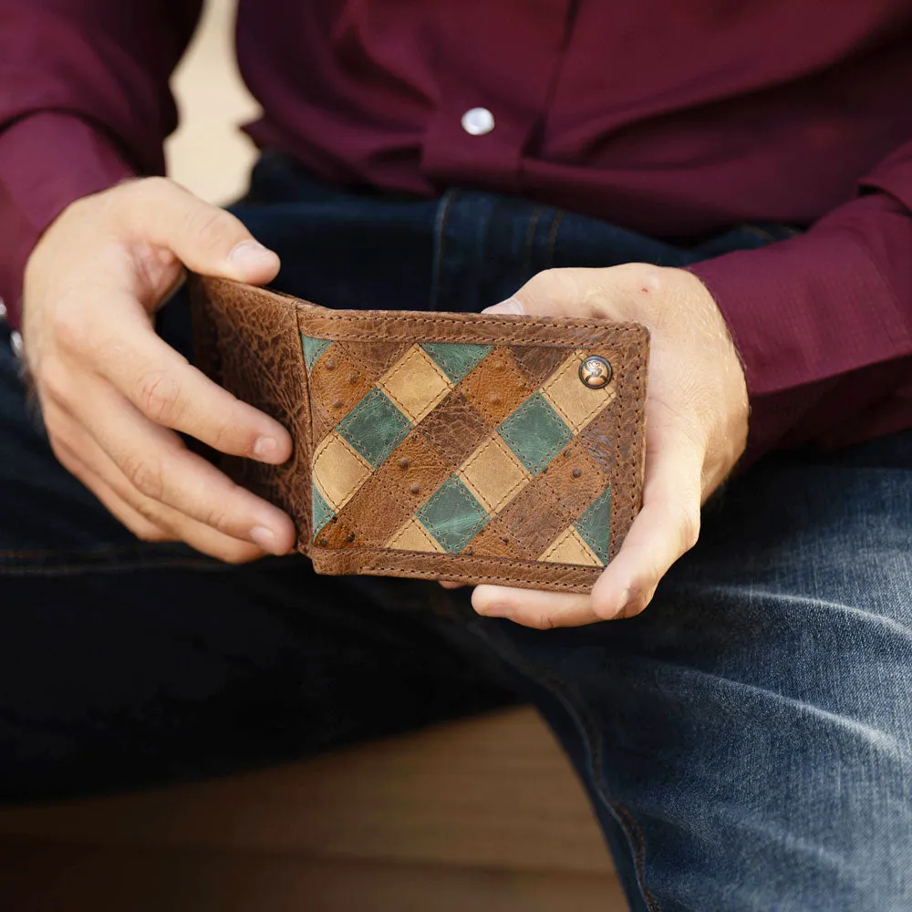 "Ouray" Brown/Turquoise Ostrich Print Roughy Bifold Wallet