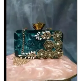 Rexine clutch bag green white gava and metal ring stone ancut