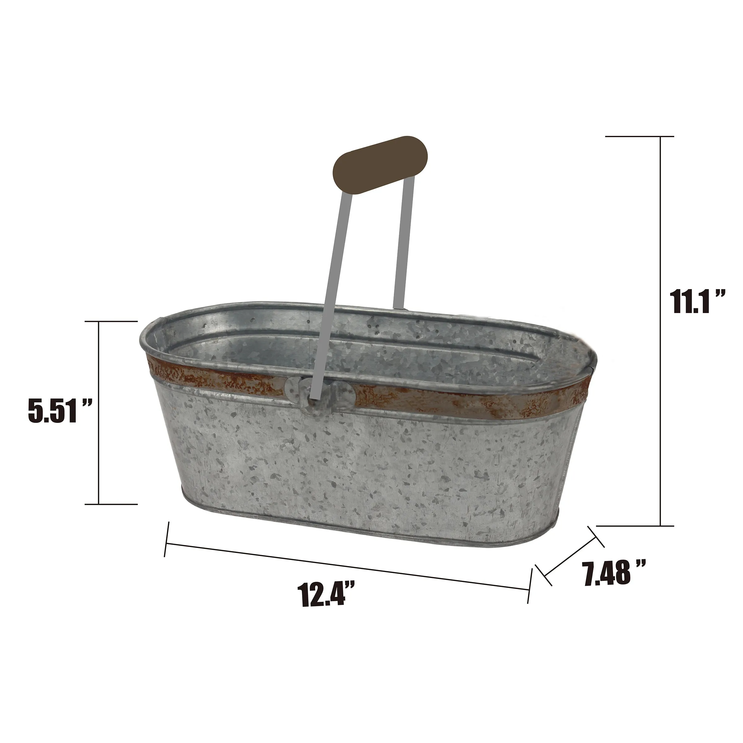 Small Galvanized Metal Oval Bucket with Wood Handle (WS)