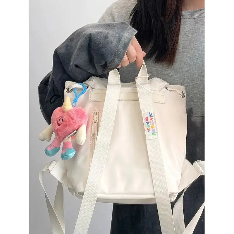 Sohiwoo Sweet Nylon Black Backpack Women New Harajuku Aesthetic Heart Pocket Casual Schoolbag Student Cute Y2k Mochila Aesthetic