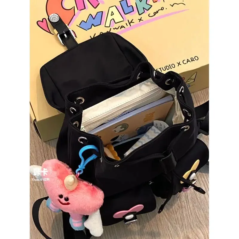 Sohiwoo Sweet Nylon Black Backpack Women New Harajuku Aesthetic Heart Pocket Casual Schoolbag Student Cute Y2k Mochila Aesthetic