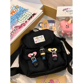 Sohiwoo Sweet Nylon Black Backpack Women New Harajuku Aesthetic Heart Pocket Casual Schoolbag Student Cute Y2k Mochila Aesthetic