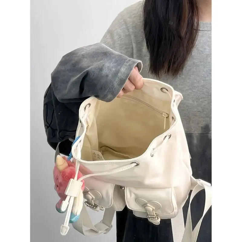 Sohiwoo Sweet Nylon Black Backpack Women New Harajuku Aesthetic Heart Pocket Casual Schoolbag Student Cute Y2k Mochila Aesthetic