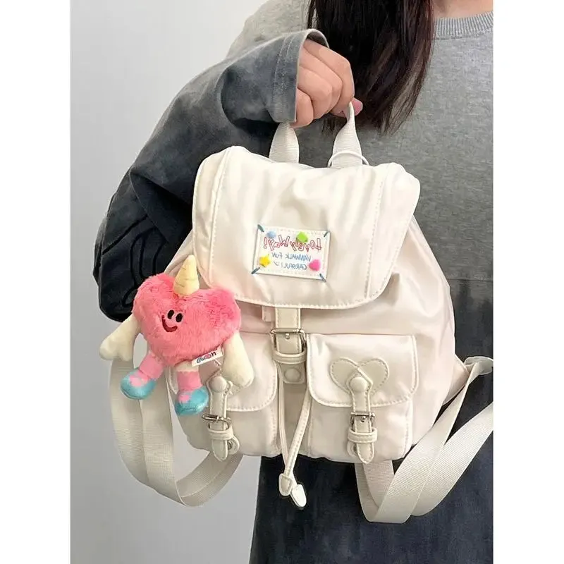 Sohiwoo Sweet Nylon Black Backpack Women New Harajuku Aesthetic Heart Pocket Casual Schoolbag Student Cute Y2k Mochila Aesthetic