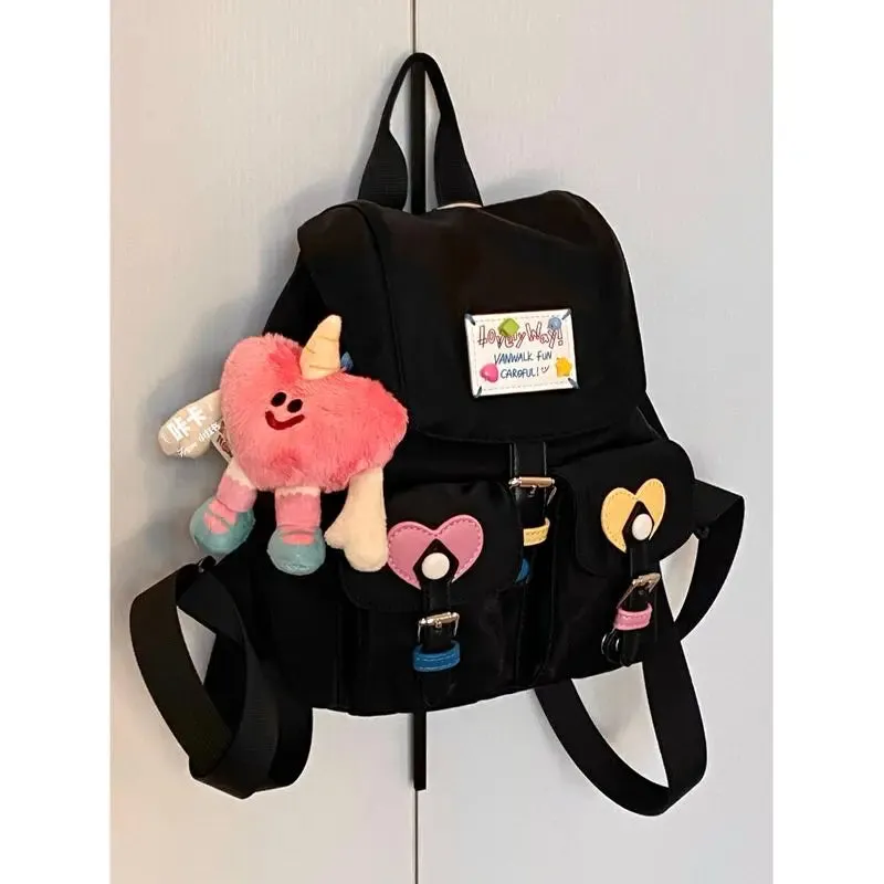 Sohiwoo Sweet Nylon Black Backpack Women New Harajuku Aesthetic Heart Pocket Casual Schoolbag Student Cute Y2k Mochila Aesthetic