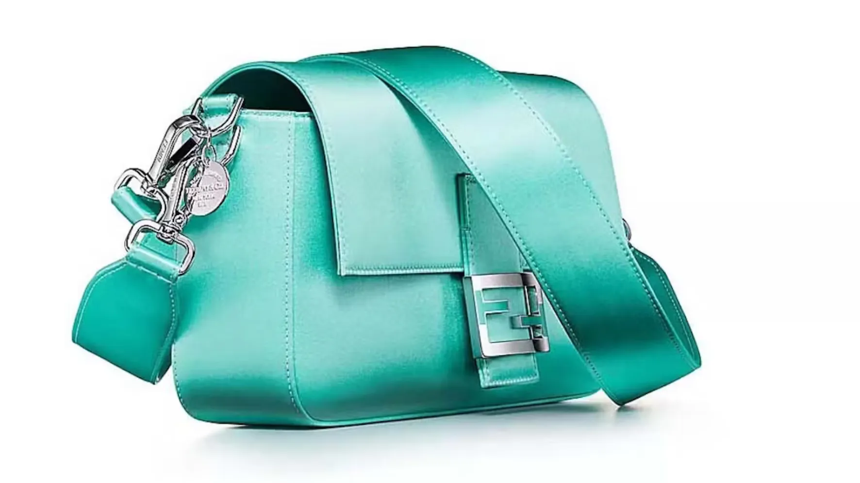 TIFFANY X FENDI MEDIUM BAGUETTE IN TIFFANY BLUE SILK SATIN, SILVER AND ENAMEL