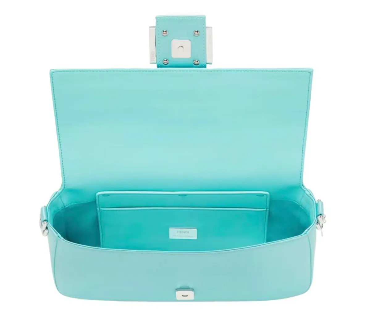 TIFFANY X FENDI MEDIUM BAGUETTE IN TIFFANY BLUE SILK SATIN, SILVER AND ENAMEL